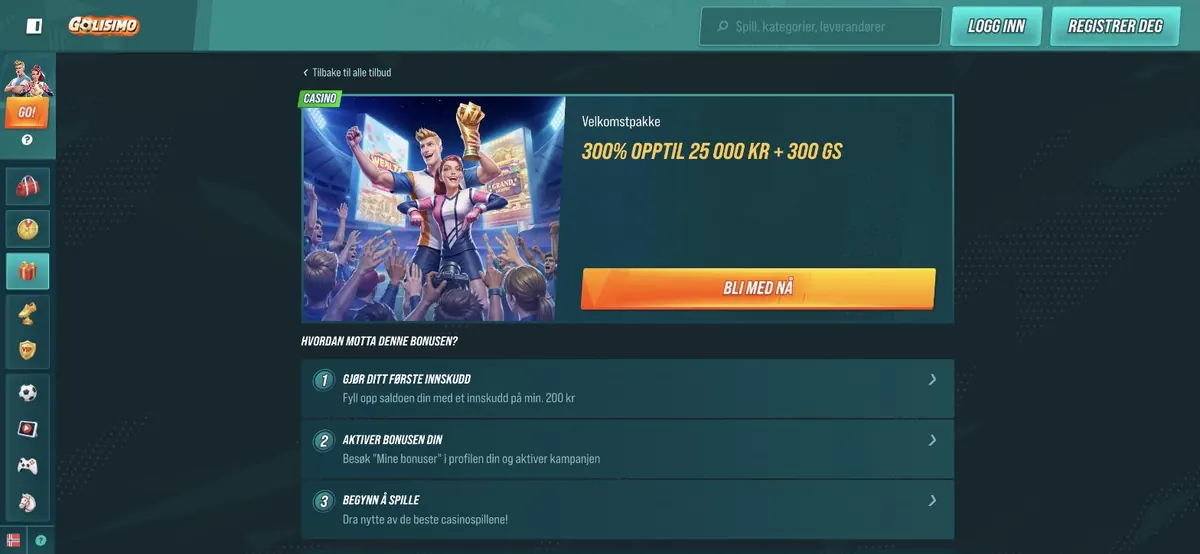 Golisimo anmeldelse - kampanjesiden med velkomstpakke 300 % opptil 25 000 kr