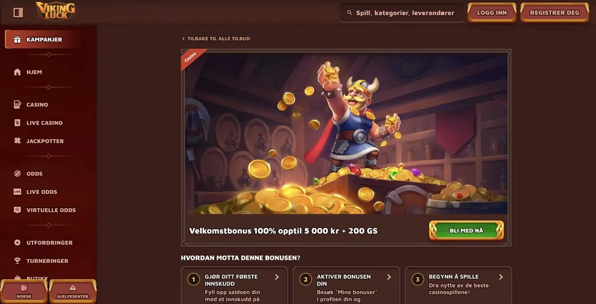 VikingLuck velkomstbonus 100 % opptil 5 000 kr + 200 gratisspinn