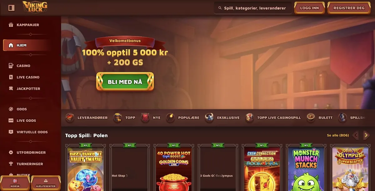 VikingLuck app: den norske forsiden med Logg inn og Registrer deg