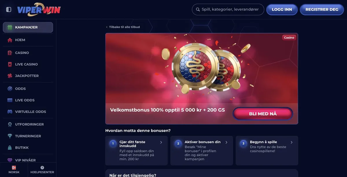 ViperWin kampanjeside på norsk med velkomstbonus