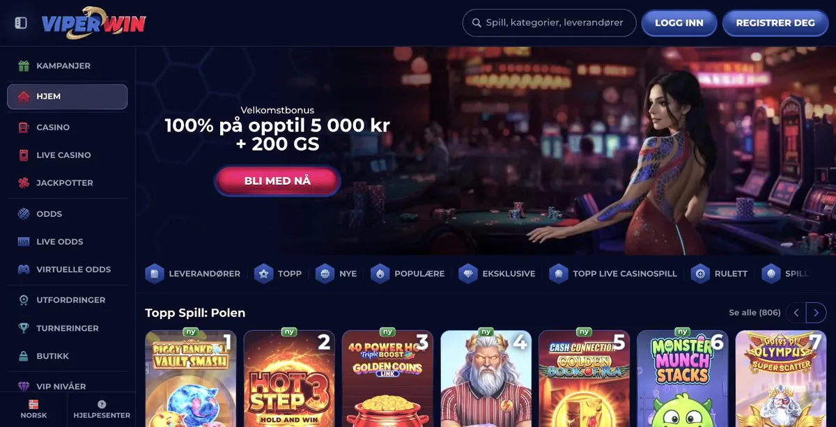 ViperWin app: norsk forside som åpnes fra snarveien på hjemskjermen